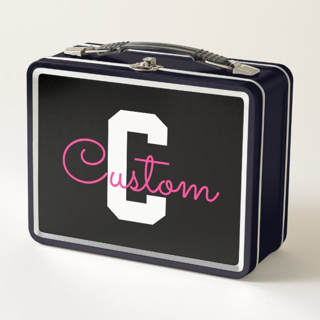 Cute Name & Monogram | Black White & Pink Metal Lunch Box (Front)