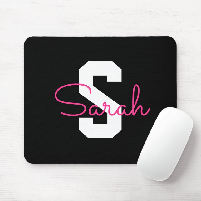 Cute Name & Monogram | Black White & Pink Mouse Pad (With Mouse)