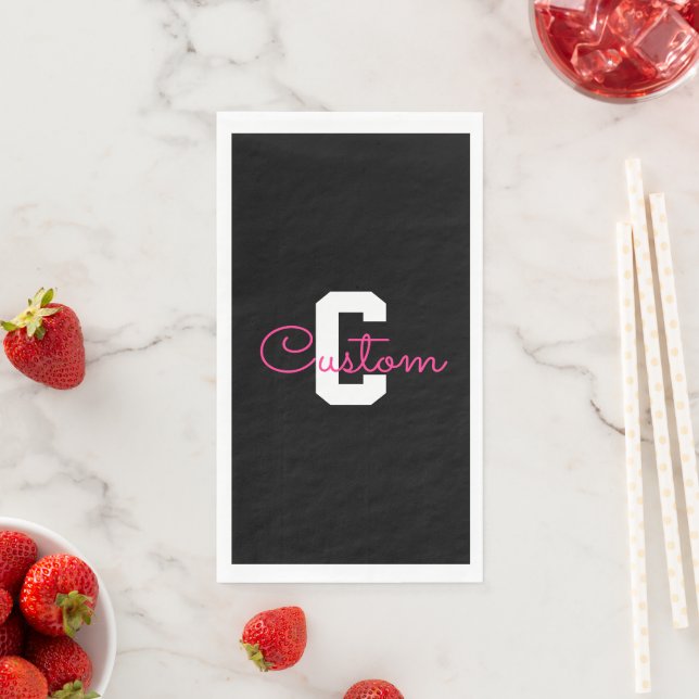 Cute Name & Monogram | Black White & Pink Napkin (Insitu)
