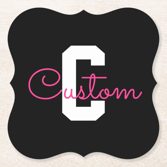 Cute Name & Monogram | Black White & Pink Paper Coaster (Front)