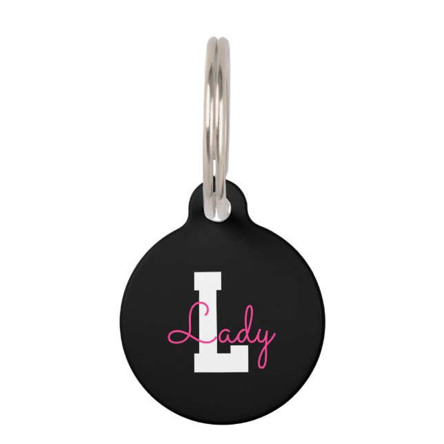 Cute Name & Monogram | Black White & Pink Pet Tag (Front)