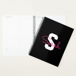Cute Name & Monogram   Black White & Pink Planner