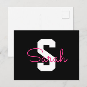 Cute Name & Monogram Black White & Pink Postcard