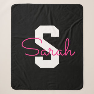 Cute Name & Monogram Black White & Pink Sherpa Blanket
