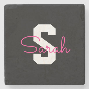 Cute Name & Monogram Black White & Pink Stone Coaster