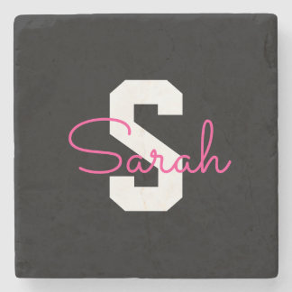 Cute Name & Monogram | Black White & Pink Stone Coaster
