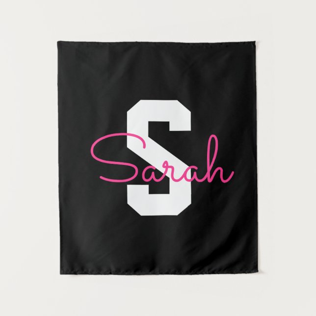 Cute Name & Monogram | Black White & Pink Tapestry (Front)