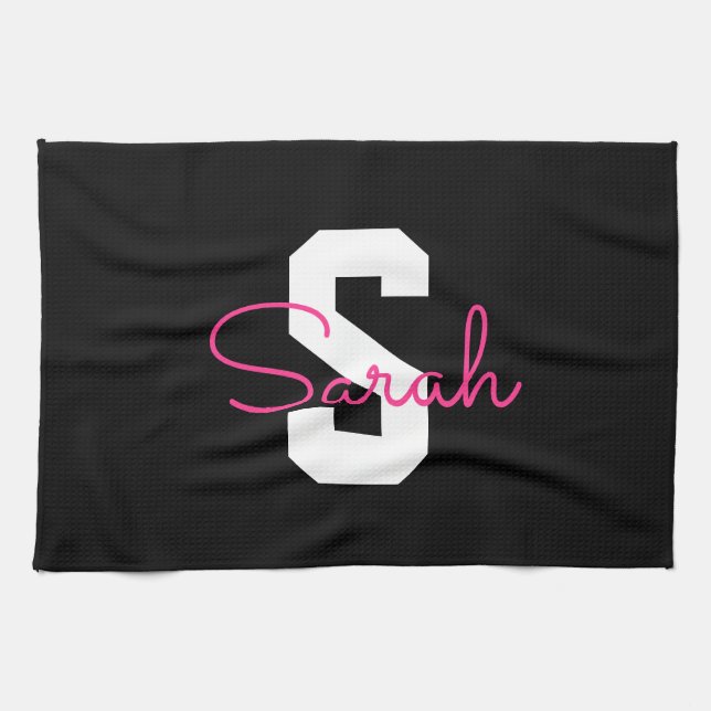Cute Name & Monogram | Black White & Pink Tea Towel (Horizontal)