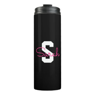 Cute Name & Monogram Black White & Pink Thermal Tumbler