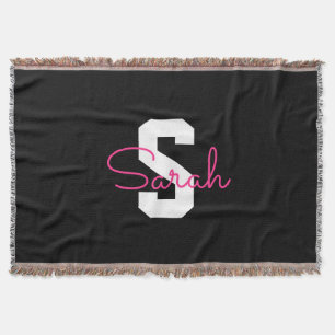 Cute Name & Monogram Black White & Pink Throw Blanket