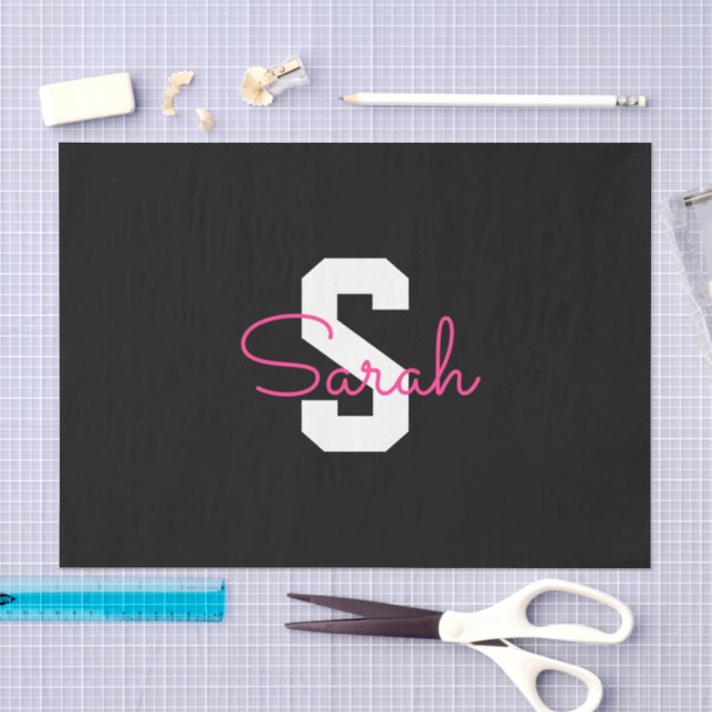 Cute Name & Monogram | Black White & Pink Tissue Paper (Craft)
