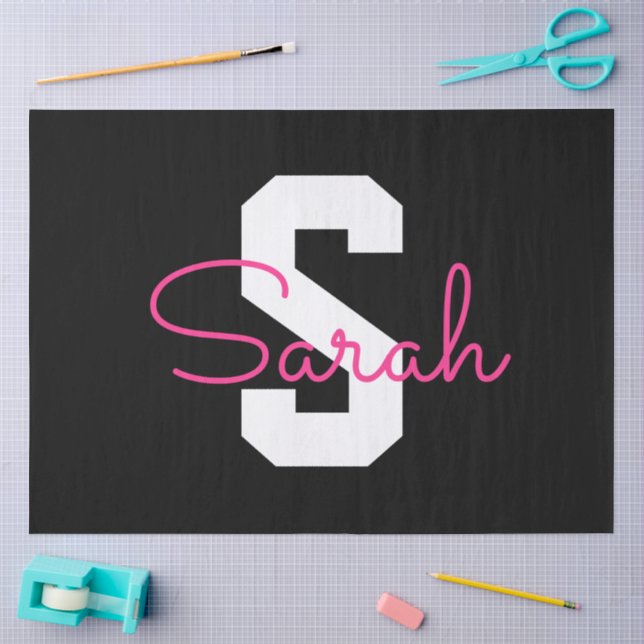 Cute Name & Monogram | Black White & Pink Tissue Paper (Craft)