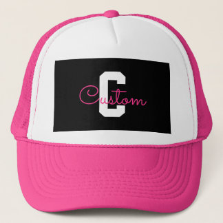 Cute Name & Monogram | Black White & Pink Trucker Hat