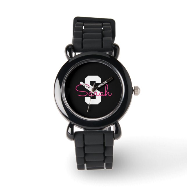 Cute Name & Monogram | Black White & Pink Watch (Front)