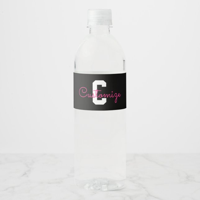 Cute Name & Monogram | Black White & Pink Water Bottle Label (Front)