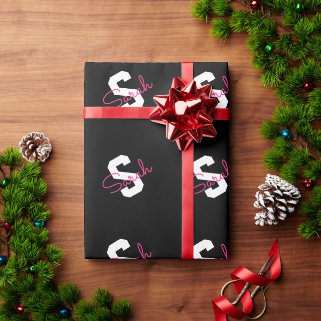 Cute Name & Monogram | Black White & Pink Wrapping Paper (Holiday Gift)