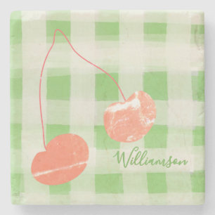Cute Name Monogram Gingham Pastel Green Red Cherry Stone Coaster