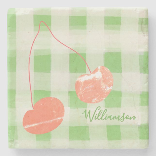 Cute Name Monogram Gingham Pastel Green Red Cherry Stone Coaster (Front)