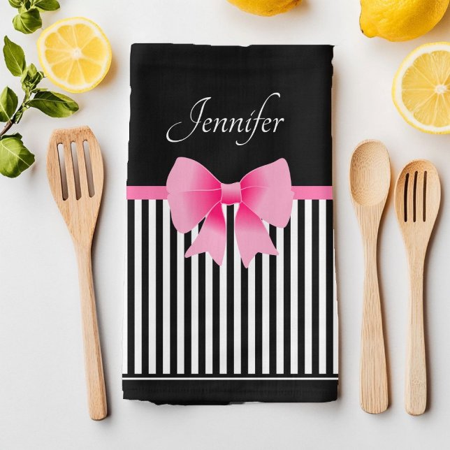 Cute Name Pink Ribbon Black White Stripes Pattern Tea Towel (Cute Name Pink Ribbon Black White Stripes Pattern Kitchen Towel)