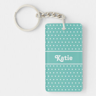 Cute Name Polka Dots Light Teal Blue and White Key Ring