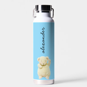 Cute Named Blue w/ Cream Coloured Teddy Bear Blue Water Bottle