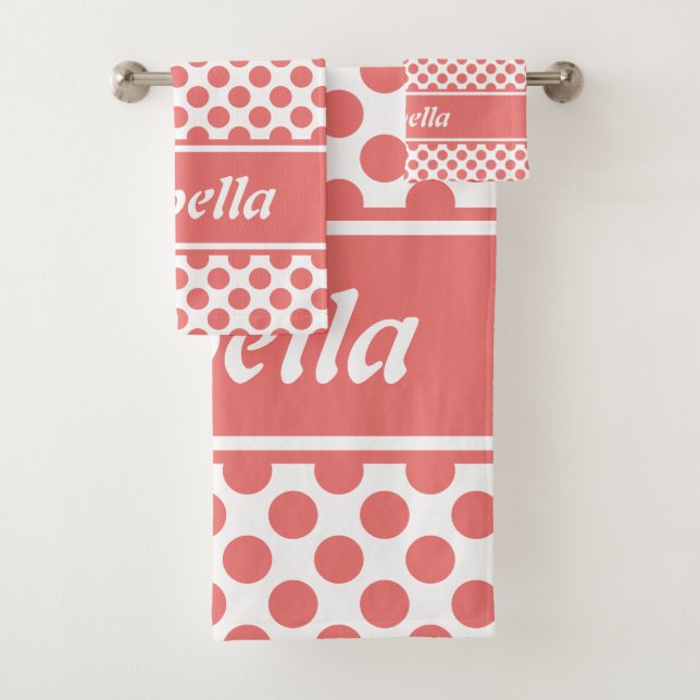 Cute Named Pink & White Polka Dot Bath Towel Set (Insitu)