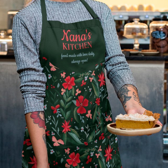Cute nana kitchen winter red green floral pattern apron (Creator Uploaded)