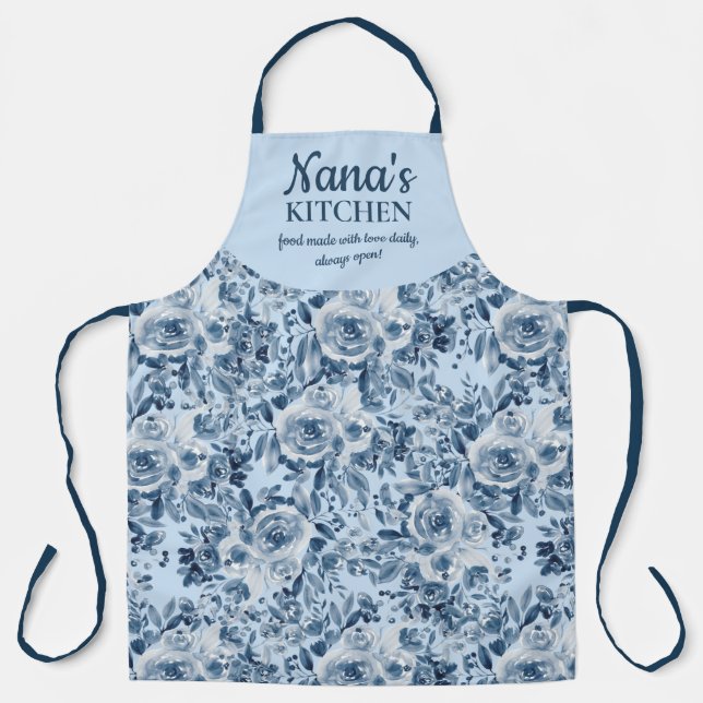 Cute nana's kitchen light blue floral watercolor apron (Front)