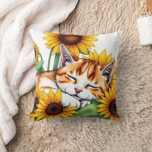 Cute Napping Kitten and Sunflowers Cushion (Blanket)
