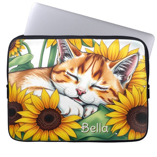 Cute Napping Kitten and Sunflowers Personalised Laptop Sleeve (Front)