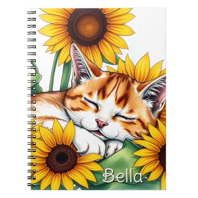 Cute Napping Kitten and Sunflowers Personalised Notebook (Front)