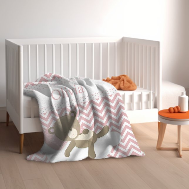 Cute Napping Teddy Bear with Custom Monogram Fleece Blanket (An adorable teddy bear blanket with pink chevrons and baby's name.)