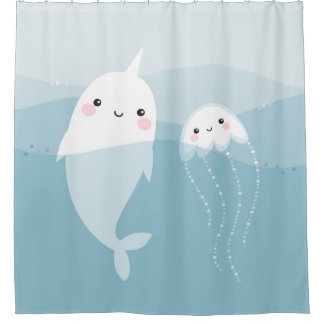 Cute narwhal and jellyfish shower curtain