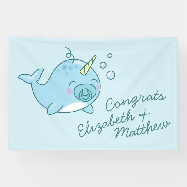 Cute Narwhal Baby Shower Kawaii Blue Boy Banner (Horizontal)