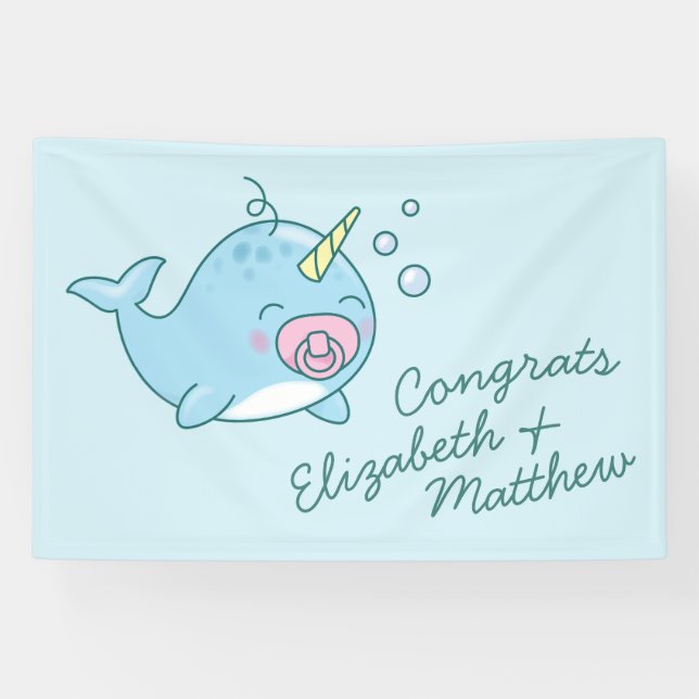 Cute Narwhal Baby Shower Kawaii Pink Girl Banner (Horizontal)