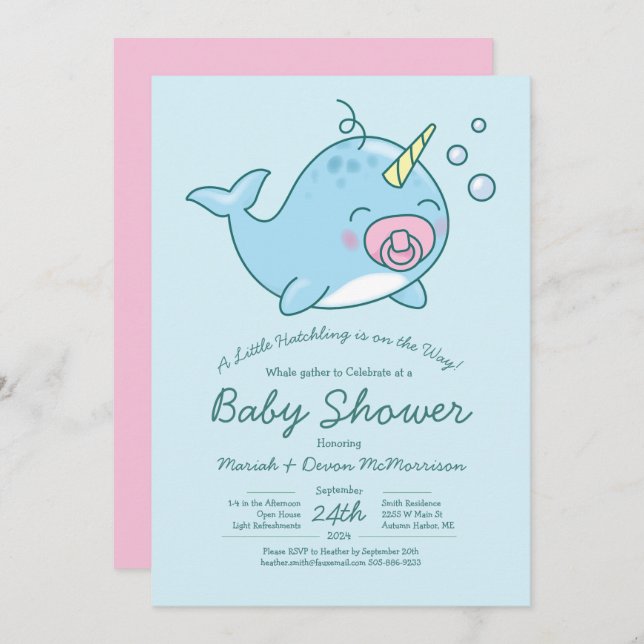 Cute Narwhal Baby Shower Kawaii Pink Girl Invitation (Front/Back)