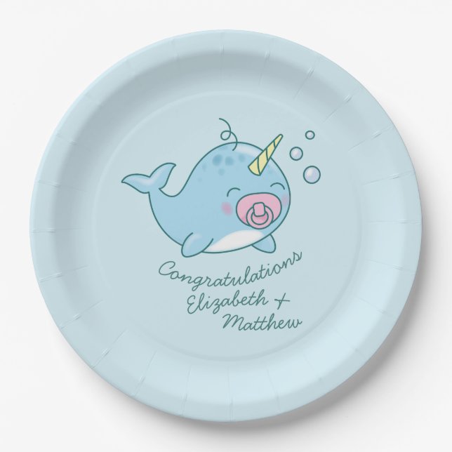 Cute Narwhal Baby Shower Kawaii Pink Girl Paper Plate (Front)