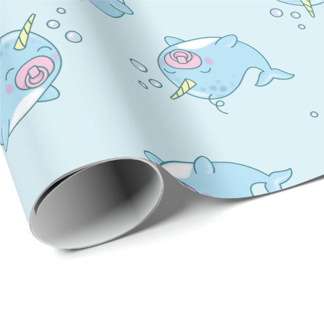 Cute Narwhal Baby Shower Kawaii Pink Girl Wrapping Paper (Roll Corner)