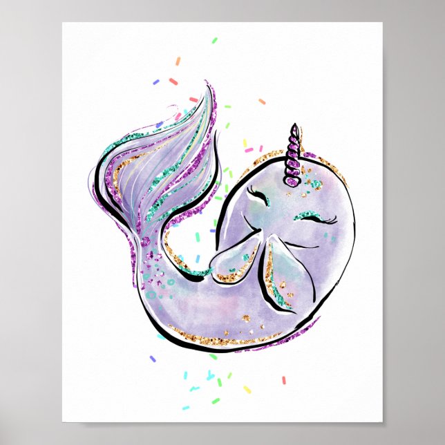 Cute Narwhal Cartoon Kawaii Illustration Add Name Poster (Front)
