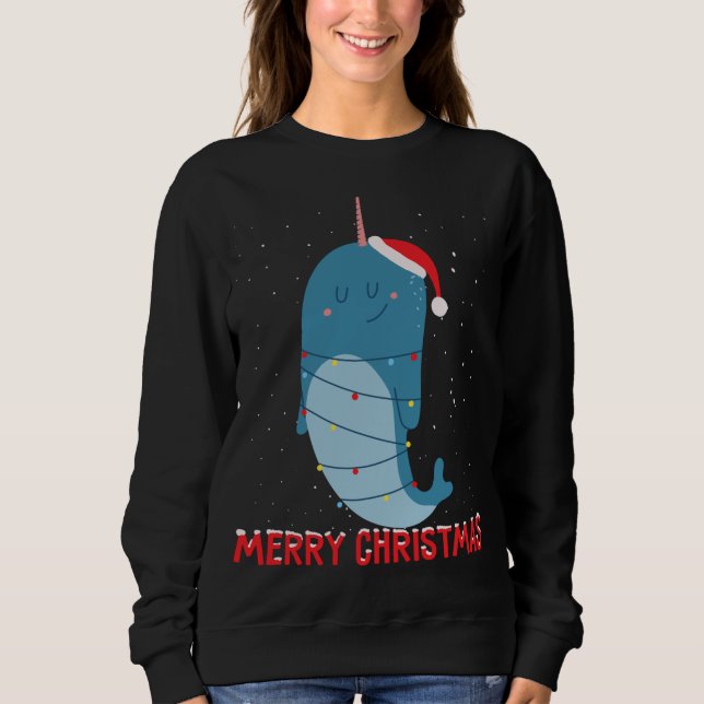Cute narwhal Christmas Tree Lights Sweatshirt (Front)
