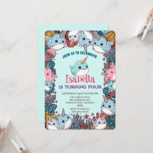 Cute Narwhal fish Pattern Watercolor Under the Sea Invitation