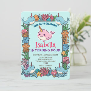Cute Narwhal fish Pattern Watercolor Under the Sea Invitation