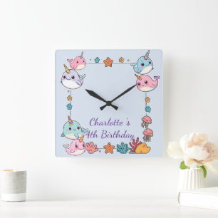 Cute Narwhal fish Pattern Watercolor Under the Sea Square Wall Clock