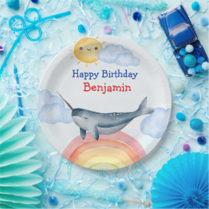 Cute narwhal fish unicorn Birthday Party Paper Plate