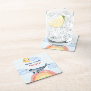 Cute narwhal fish unicorn Birthday Party Square Paper Coaster