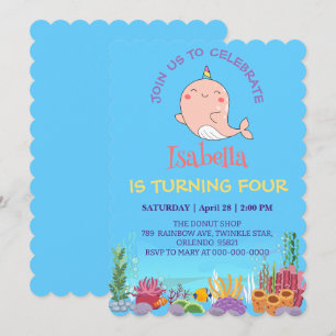 Cute Narwhal Fish Unicorn Rainbow sea Birthday nam Invitation