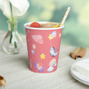 Cute Narwhal Fish Unicorn Rainbow sea Birthday Paper Cups