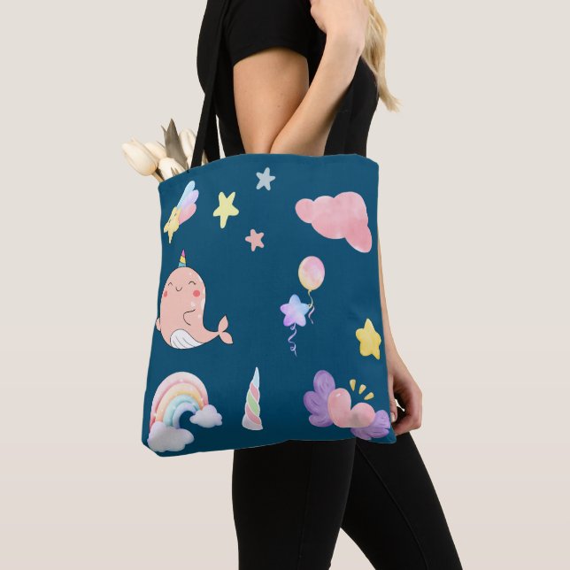 Cute Narwhal Fish Unicorn Rainbow sea Birthday  Tote Bag (Close Up)