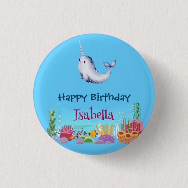 Cute Narwhal Fish Unicorn Whale sea Birthday  3 Cm Round Badge (Front)