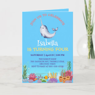 Cute Narwhal Fish Unicorn Whale sea Birthday  Invitation